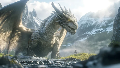 Armored alpine dragon confronts lone warrior in backlit valley