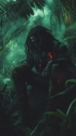 Cinematic digital painting of ember-lit warrior in jungle gloom.