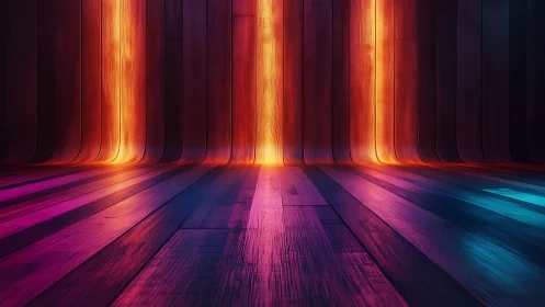 Vertical neon light panels illuminate curved wooden interior