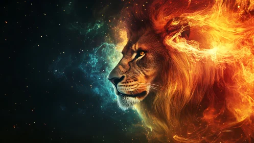 Bifurcated elemental lion portrait with combustive mane.