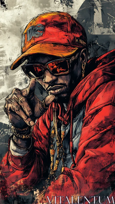 Urban street portrait of man in red hoodie and cap.