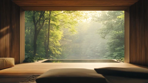 Forest-bathed retreat frames a tranquil sunlit woodland pool.