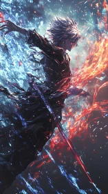 Sword-bearing figure amid opposing fire and ice energies.