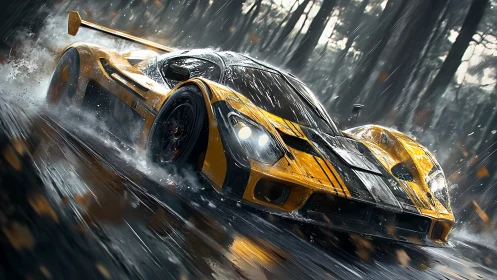 Yellow endurance racer slashing through storm-soaked forest.