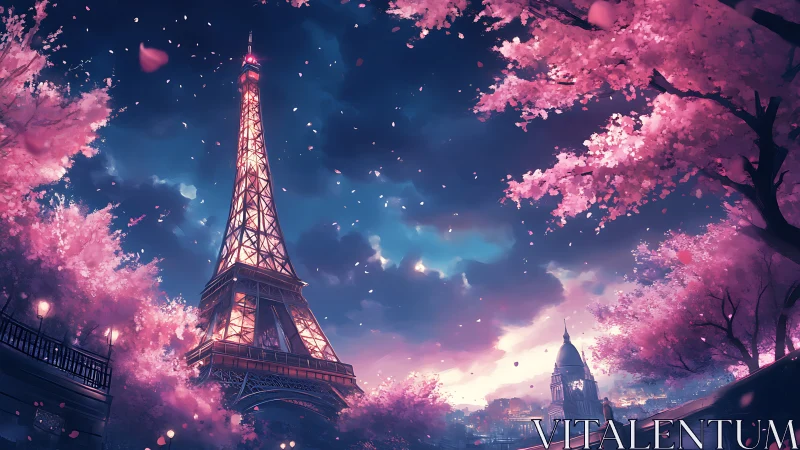 Dreamlit Eiffel Tower rises through shimmering cherry bloom