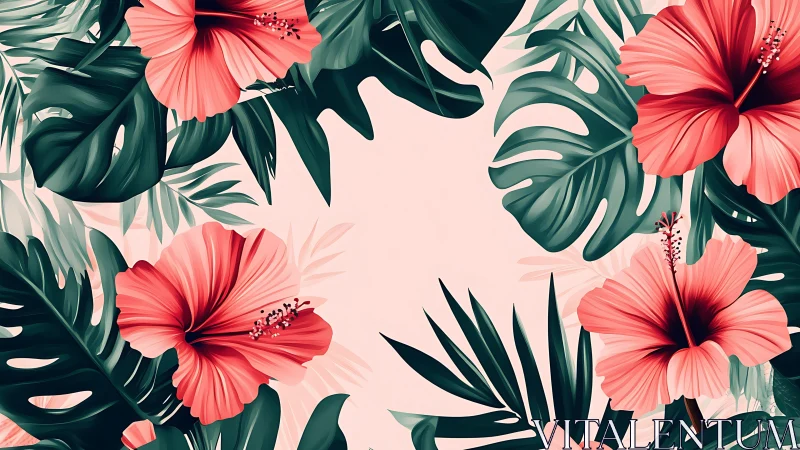 Tropical Blooms with Monstera Leaves in Coral and Green