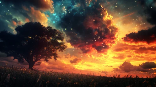 Cosmic sunset sky above lone tree on glowing meadow field.