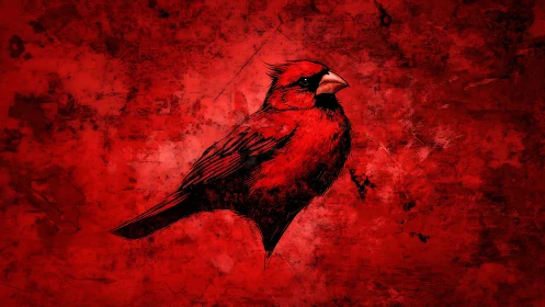 Cardinal's Crimson Solitude: Ink-Whispered Bird Against Bleeding Red.