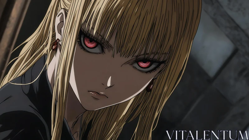 Intense red-eyed anime portrait uses sharp linework and harsh lighting