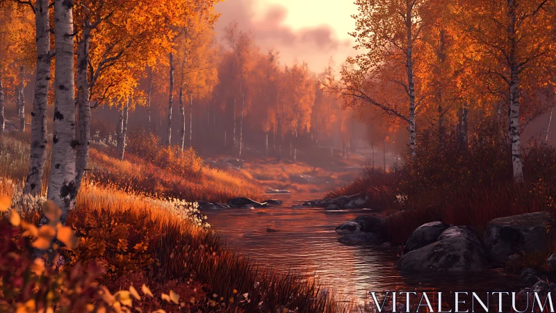 Golden autumn river glows beneath birch forest light.