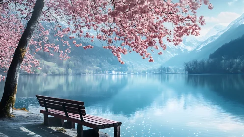 Bench beneath cherry blossoms facing calm alpine lake.