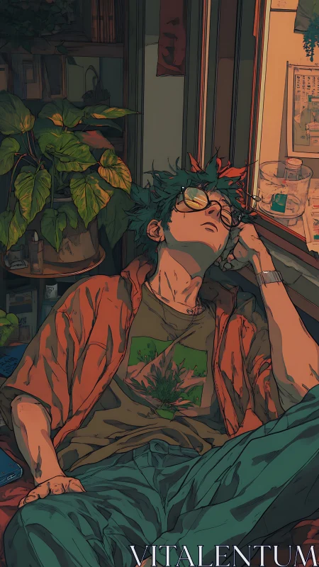 Laid-back youth basking in warm window light at dusk.