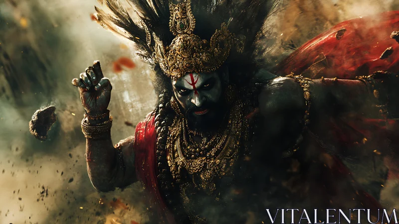 Mythic armored figure advances through dense dust and debris