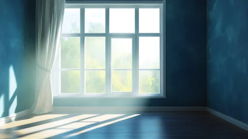 Empty blue room with large sunlit window and curtain.