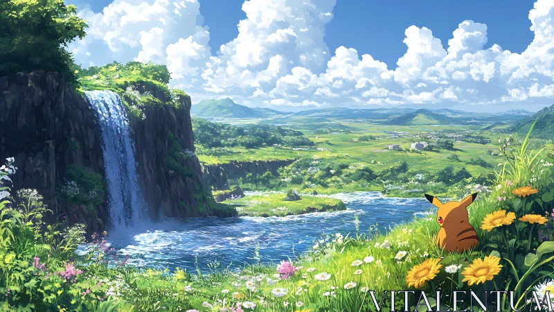 Pikachu quietly admires a sunlit waterfall and vast valley
