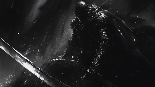 Shadow-clad knight raising sword in stark monochrome storm.