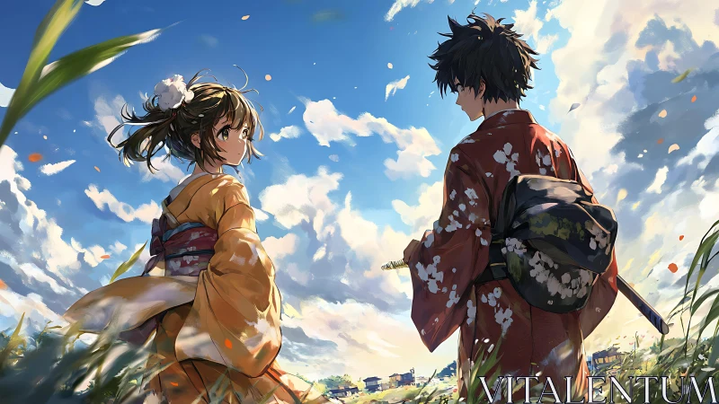 Two friends in kimono sharing a quiet skylit moment together.