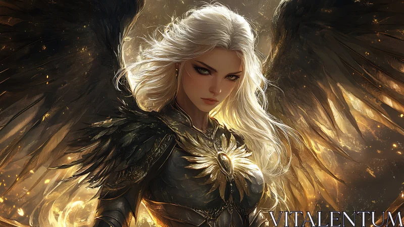 Radiant winged warrioress in molten gold-lit armor portrait.