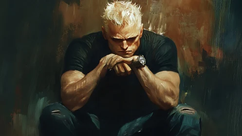 Brooding platinum fighter folded into a dusky corner.