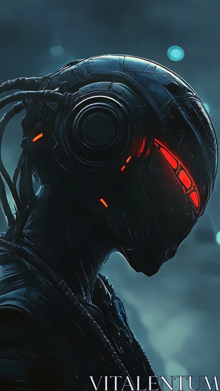 Cybernetic humanoid silhouette with red visor and neural cabling