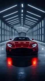 Scarlet supercar prowls a neon tunnel of razorlight calm.