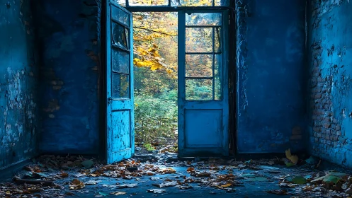 Decayed blue interior frames autumn foliage beyond open doors