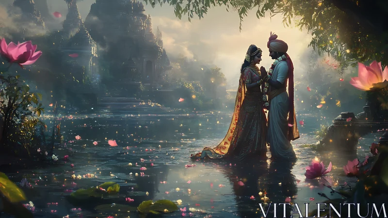 Romantic couple in traditional attire by lotus pond.