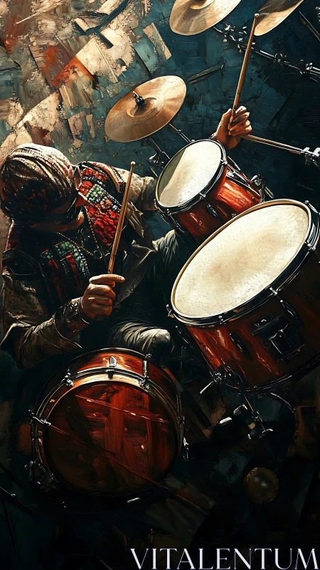 Overhead dynamic portrait of drummer with textured drum kit