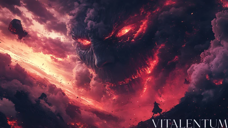 Colossal volcanic demon face materializes within storm clouds