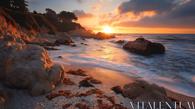 Sunlit rocky shoreline with vibrant orange coastal sunset.