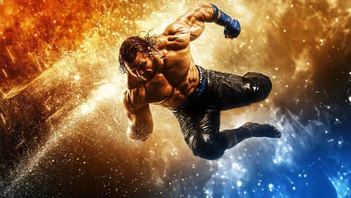 Dynamic fighter mid-air with high-contrast bicolor particle blast