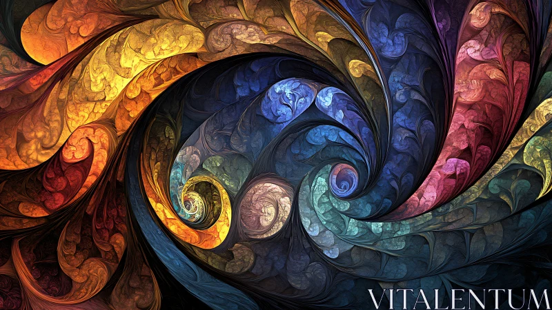 Multicolored spiral fractal pattern with leaf-like segments.