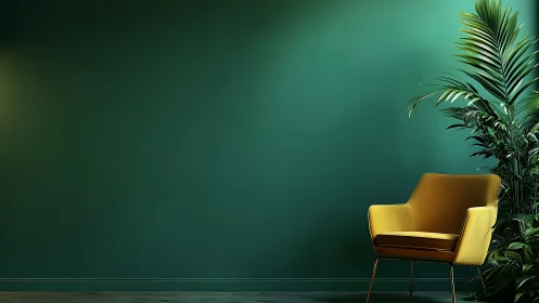 Mustard lounge chair with tropical plant on emerald wall.