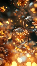 Golden floral inclusions suspended in glowing glass spheres