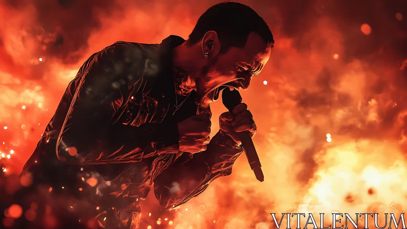 Firestorm vocalist roaring through molten concert haze.