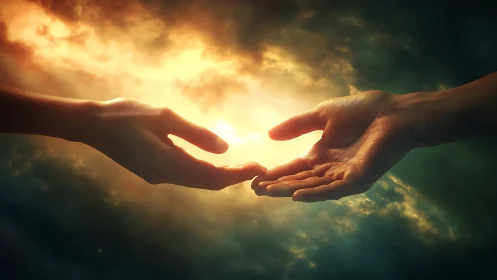 Two reaching hands compose a quiet sunrise of human hope