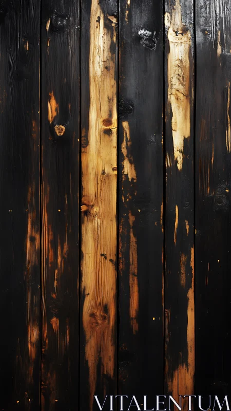 Charred wood planks reveal golden grain beneath weathered black surface.