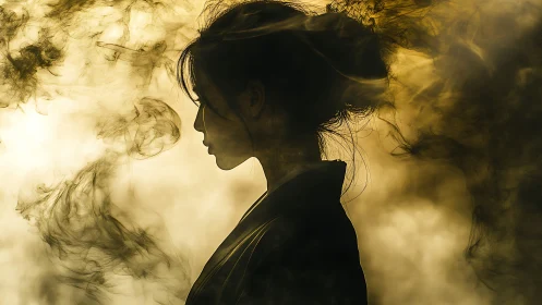Silhouette of female profile surrounded by swirling smoke.