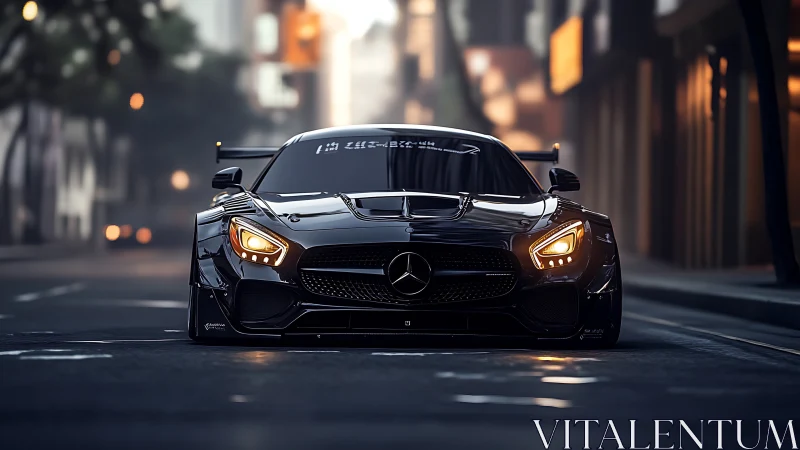 Low-angle frontal render of black Mercedes sports car at dusk