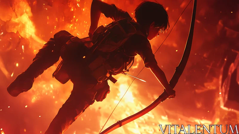 Archer in Inferno Combat Scene with Bow and Arrow