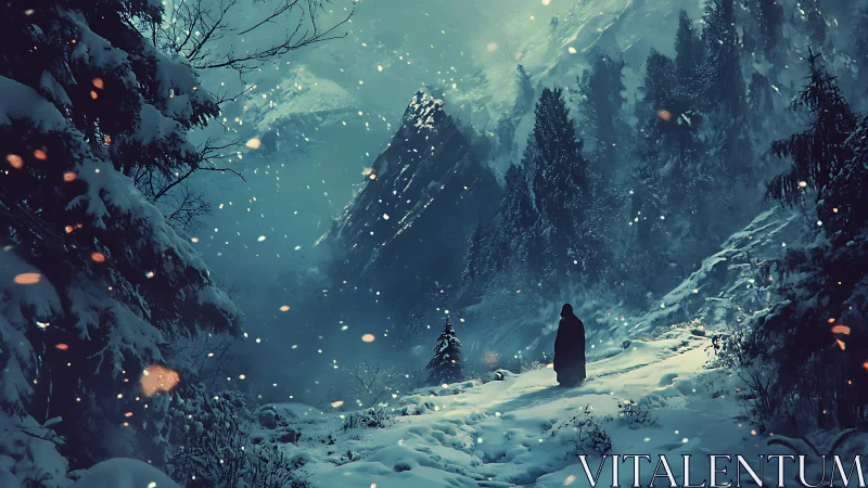 Solitary cloaked figure in deep snowy mountain forest.