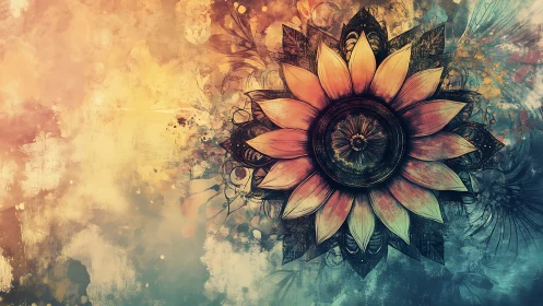 Radial mandala flower with textured watercolor grunge background