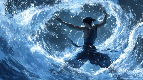 Water dancer commands crashing waves in a moonlit storm.