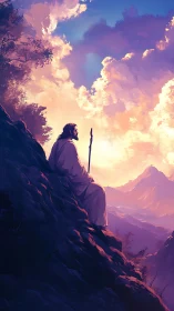 Contemplative robed figure on mountain escarpment at sunset.