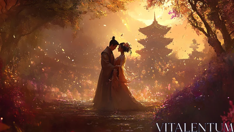 Couple in Traditional East Asian Wedding Ceremony Under Pagoda.