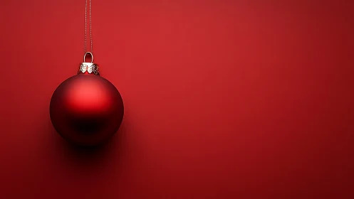 Single red Christmas bauble hangs against plain red background