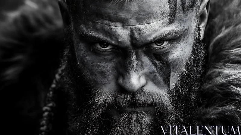 Monochrome warrior portrait with intense battle focus.