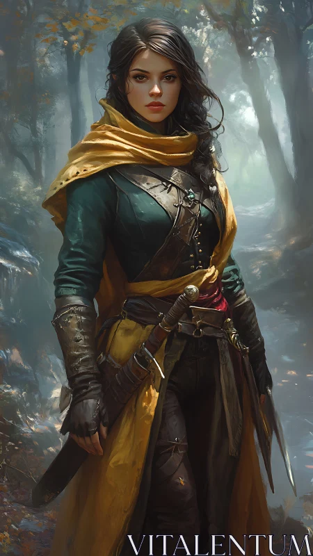 Forest rogue in amber cloak pauses between whispering worlds.