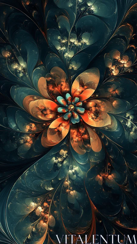 Fractal floral structure with teal and orange luminosity.