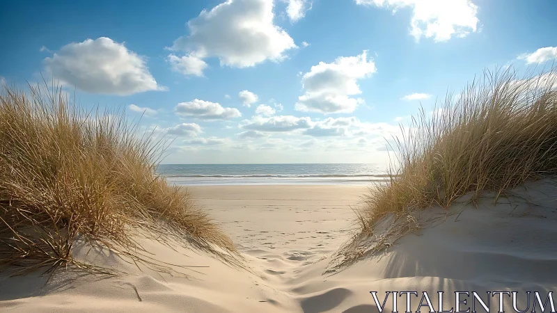 Coastal sand dunes framing a clear, empty shoreline view.